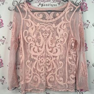 Express long sleeve mesh intricate pattern embroidery Pink Sheer Lace Blouse